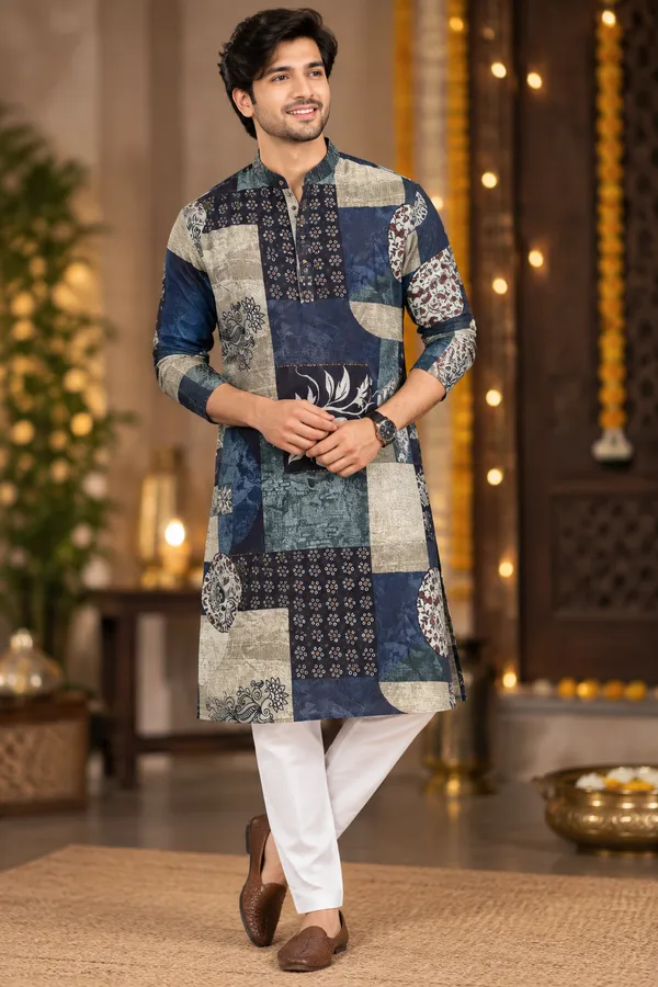 Navy_Blue_Beige_Patchwork_Print_Festive_Kurta