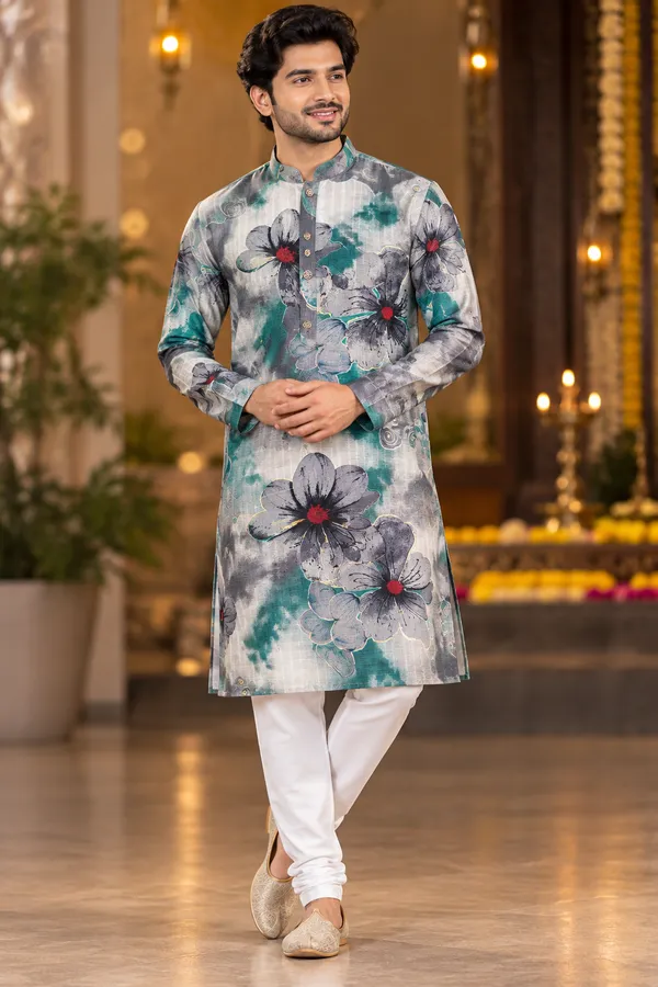 Grey_Teal_Floral_Print_Festive_Kurta