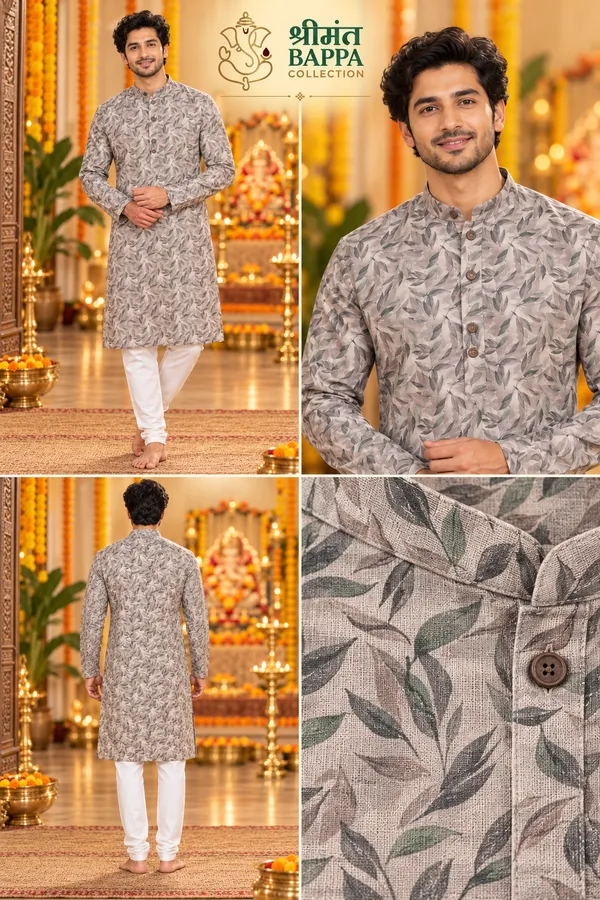 Men_S_Grey_Leaf_Printed_Long_Sleeve_Kurta
