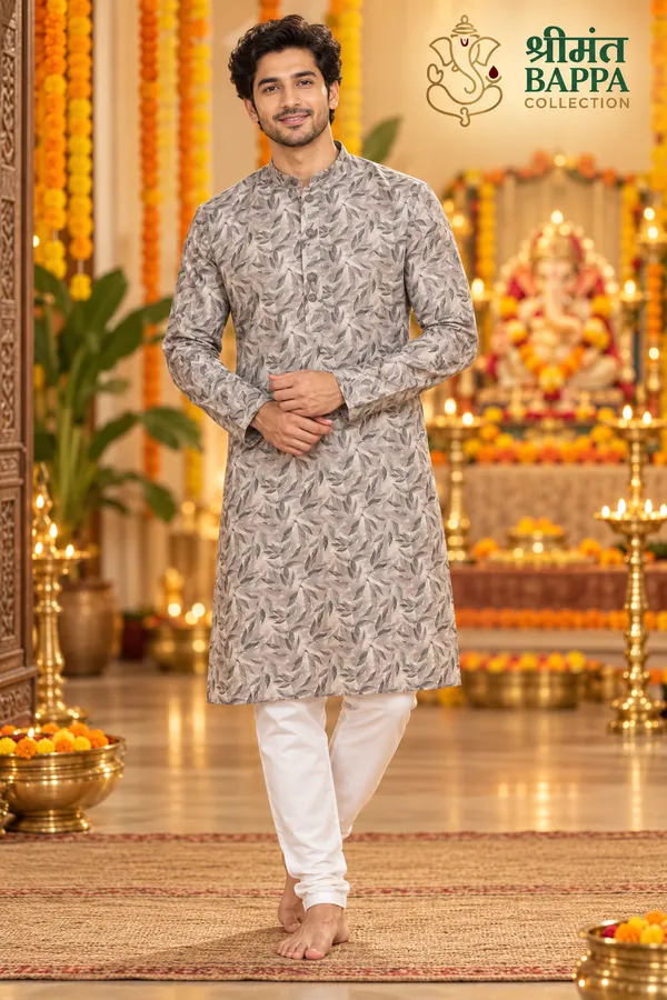 Men_S_Grey_Leaf_Printed_Long_Sleeve_Kurta