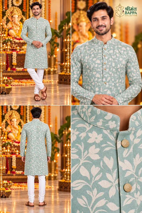 Men_S_Sea_Green_Botanical_Print_Long_Sleeve_Kurta