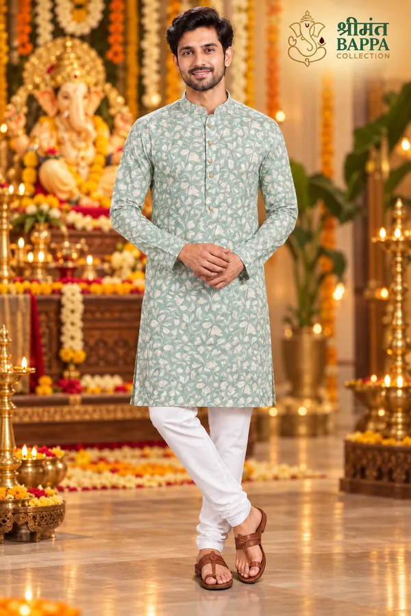 Men_S_Sea_Green_Botanical_Print_Long_Sleeve_Kurta