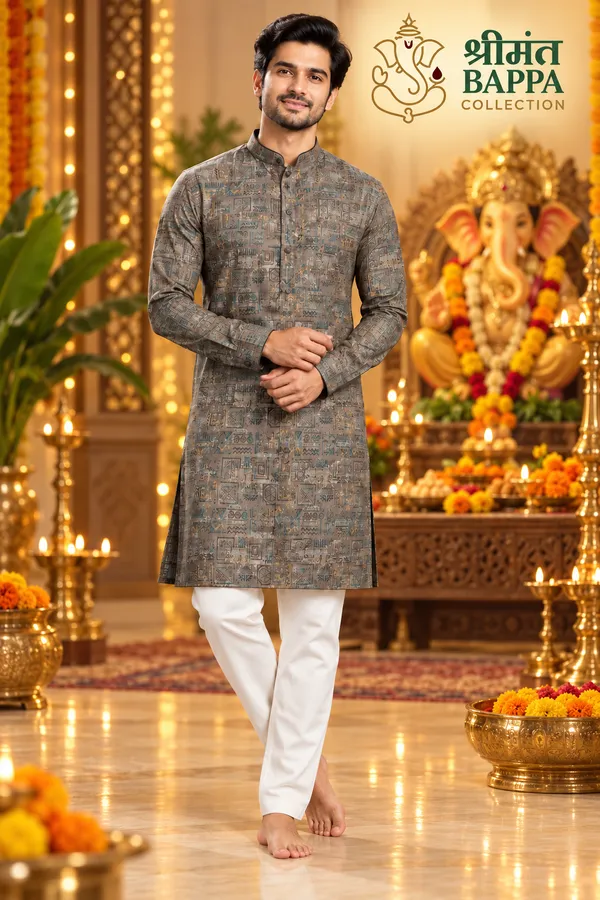 Men_S_Charcoal_Geometric_Print_Long_Sleeve_Kurta