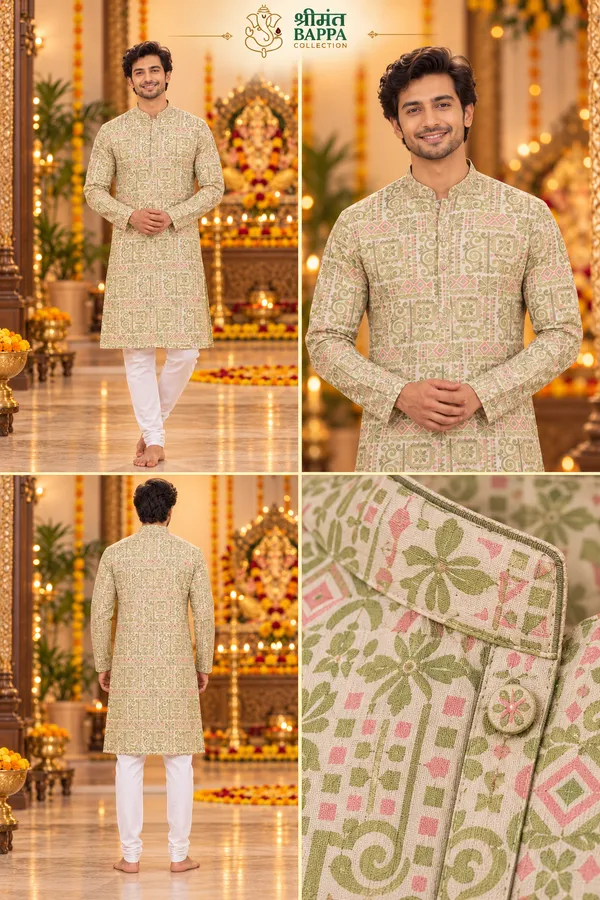 Men_S_Light_Green_Geometric_And_Floral_Print_Long_Sleeve_Kurta