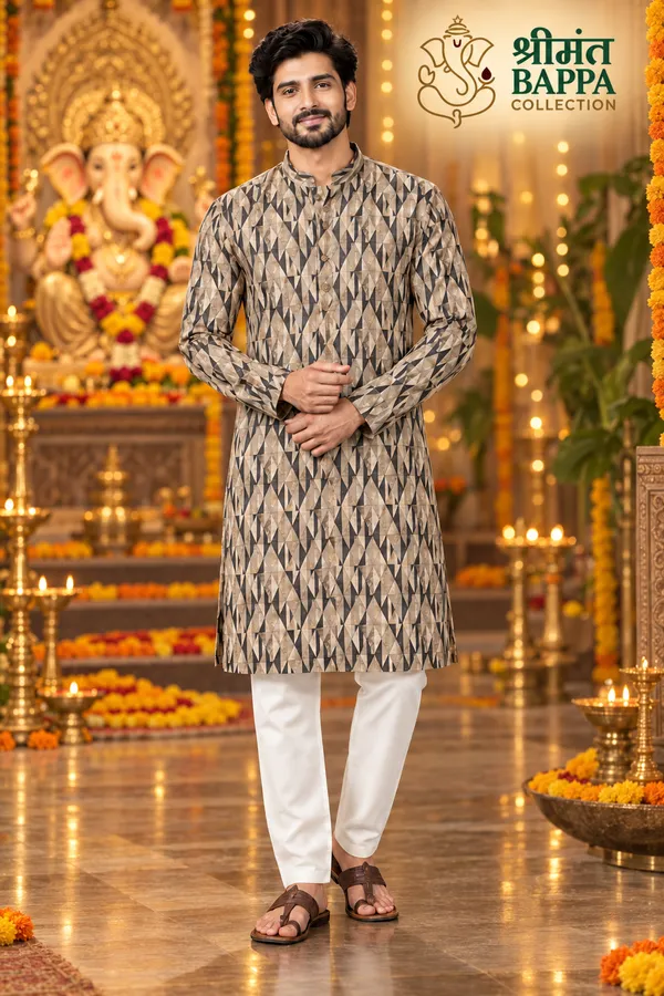 Men_S_Brown_And_Black_Geometric_Printed_Long_Sleeve_Kurta