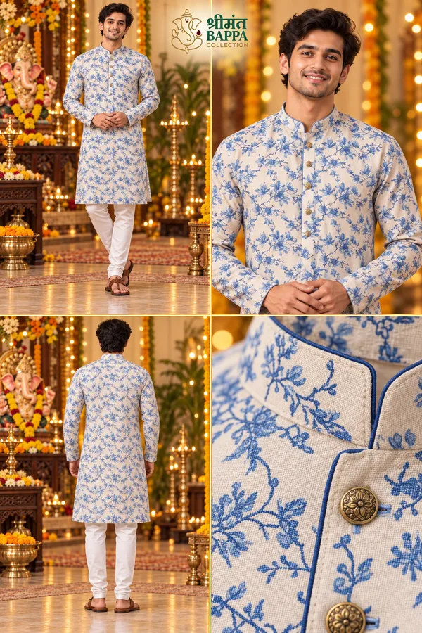 Men_S_Off_White_And_Blue_Floral_Print_Long_Sleeve_Kurta