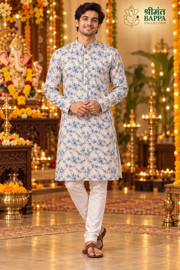 Men_S_Off_White_And_Blue_Floral_Print_Long_Sleeve_Kurta