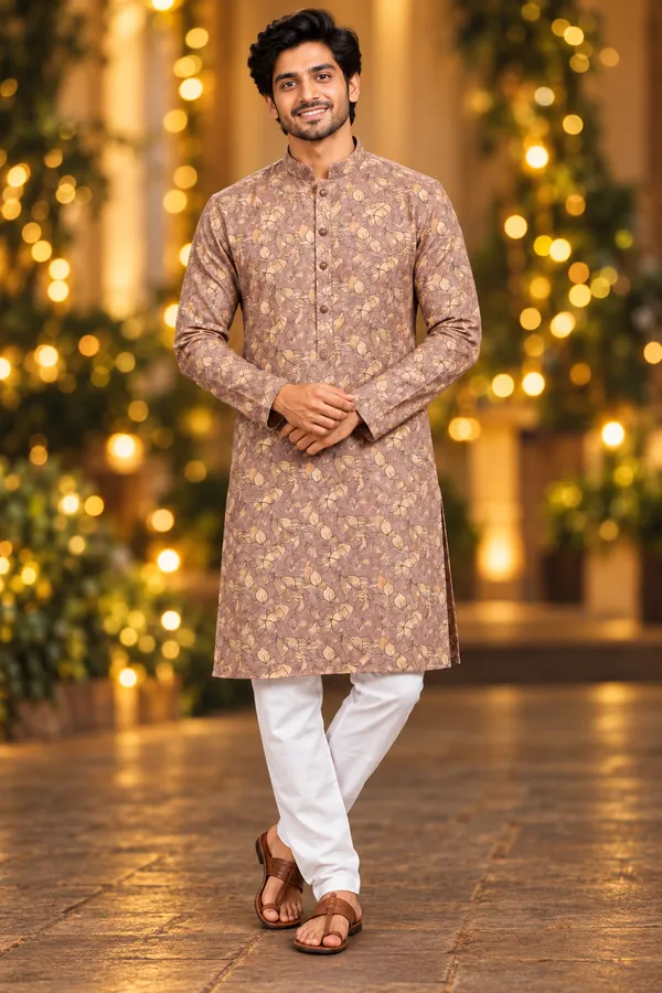 Men_S_Brown_Leaf_Printed_Long_Sleeve_Kurta