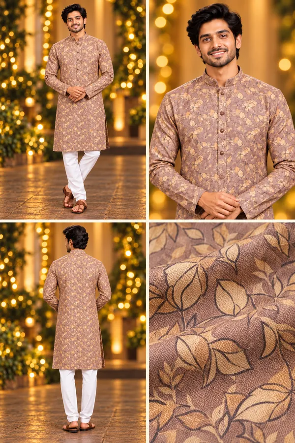 Men_S_Brown_Leaf_Printed_Long_Sleeve_Kurta