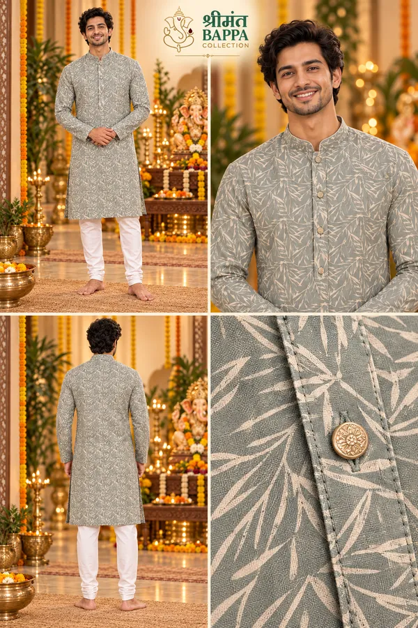 Men_S_Sage_Green_Leaf_Printed_Long_Sleeve_Kurta