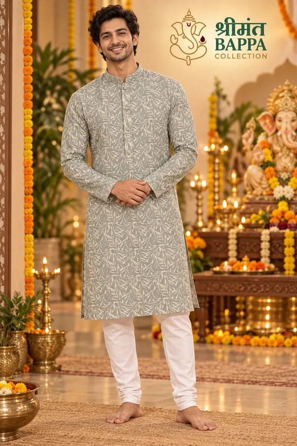 Men_S_Sage_Green_Leaf_Printed_Long_Sleeve_Kurta