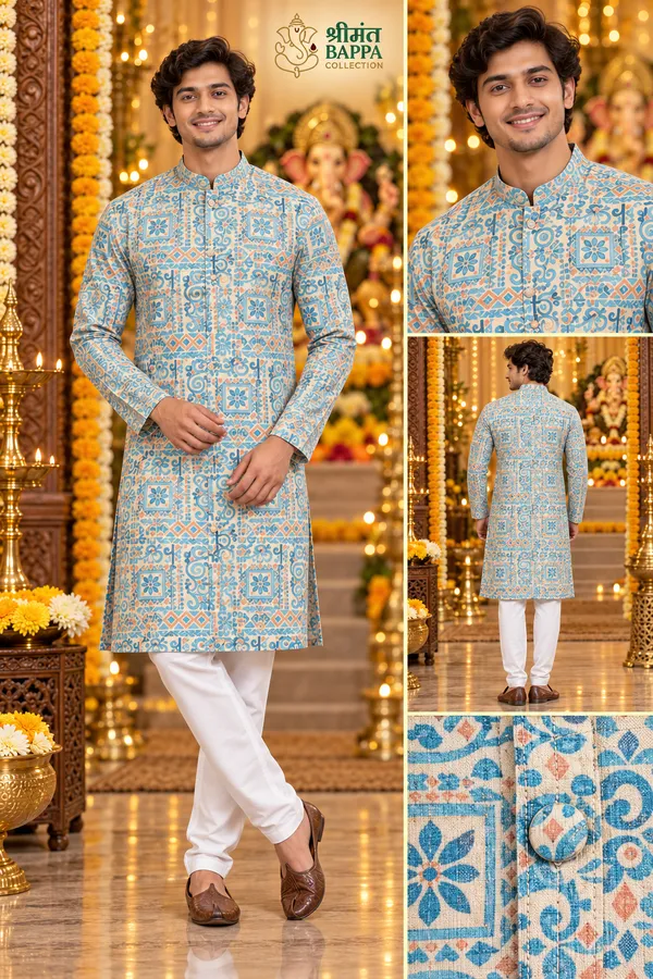 Men_S_Blue_And_Beige_Geometric_Print_Long_Sleeve_Kurta