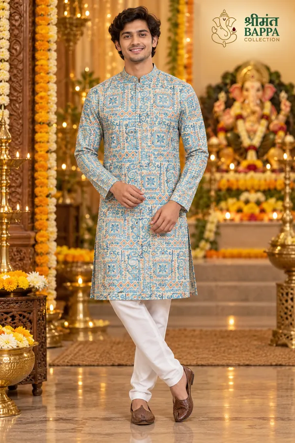 Men_S_Blue_And_Beige_Geometric_Print_Long_Sleeve_Kurta