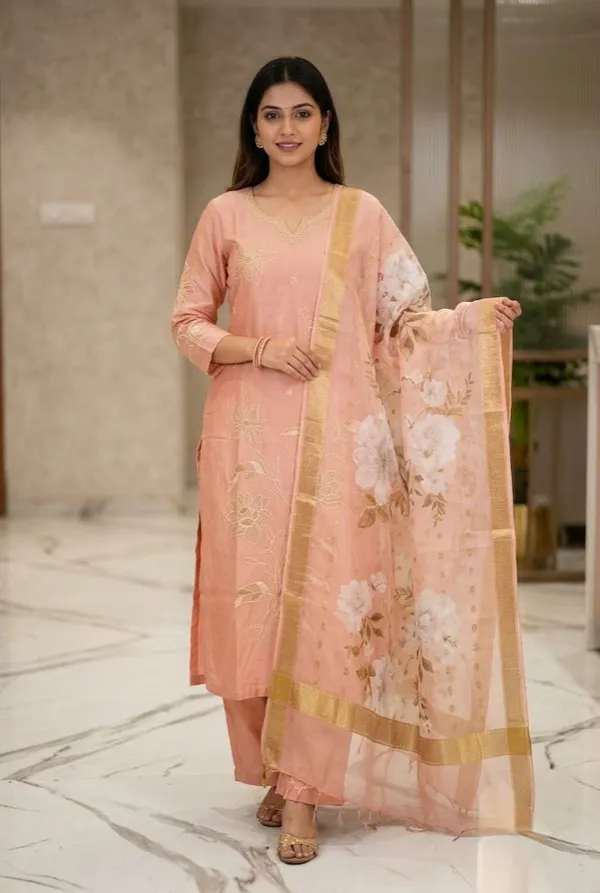Peach_Floral_Embroidered_Kurta_Pant_Dupatta_Set_Peach_Blossom