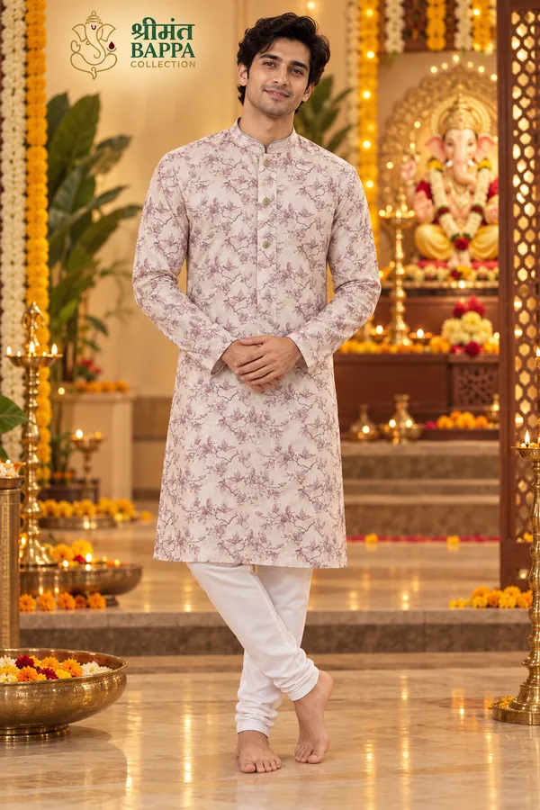 Men_S_Off_White_And_Purple_Floral_Print_Long_Sleeve_Kurta