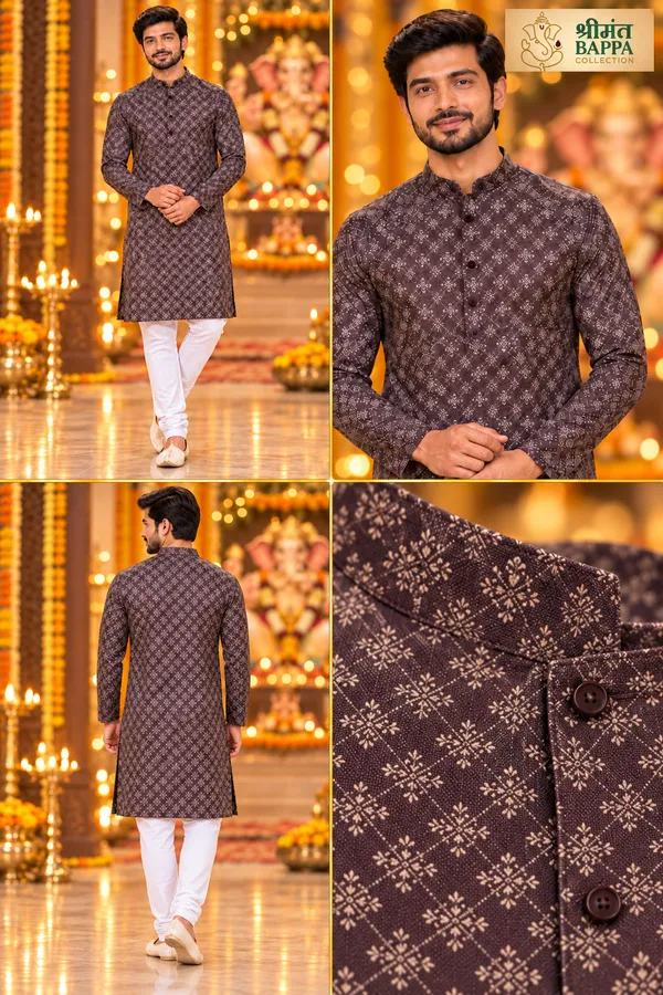 Men_S_Dark_Brown_Printed_Long_Sleeve_Kurta