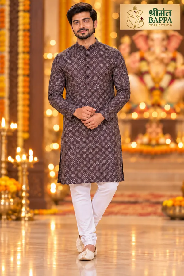 Men_S_Dark_Brown_Printed_Long_Sleeve_Kurta