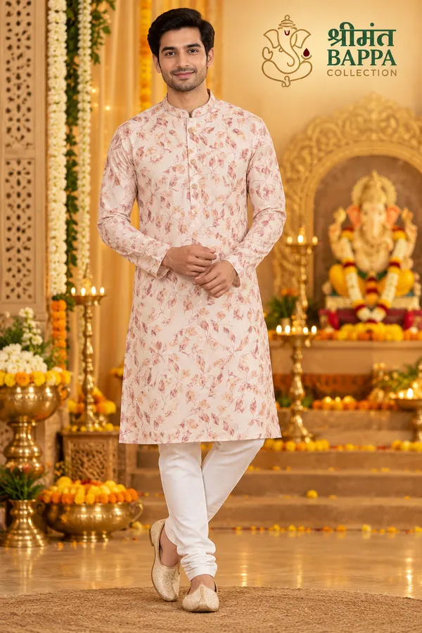 Men_S_Peach_And_Cream_Leaf_Printed_Long_Sleeve_Kurta