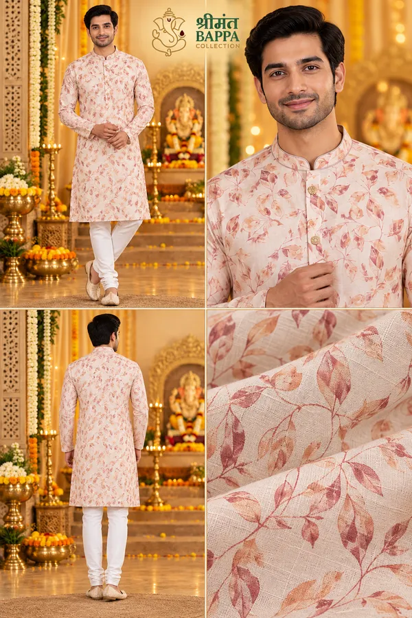 Men_S_Peach_And_Cream_Leaf_Printed_Long_Sleeve_Kurta
