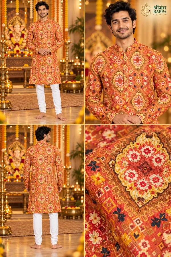 Men_S_Orange_And_Yellow_Geometric_Printed_Only_Long_Sleeve_Kurta
