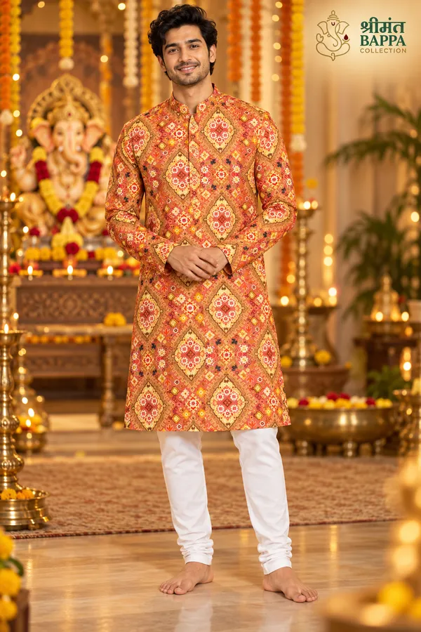 Men_S_Orange_And_Yellow_Geometric_Printed_Only_Long_Sleeve_Kurta