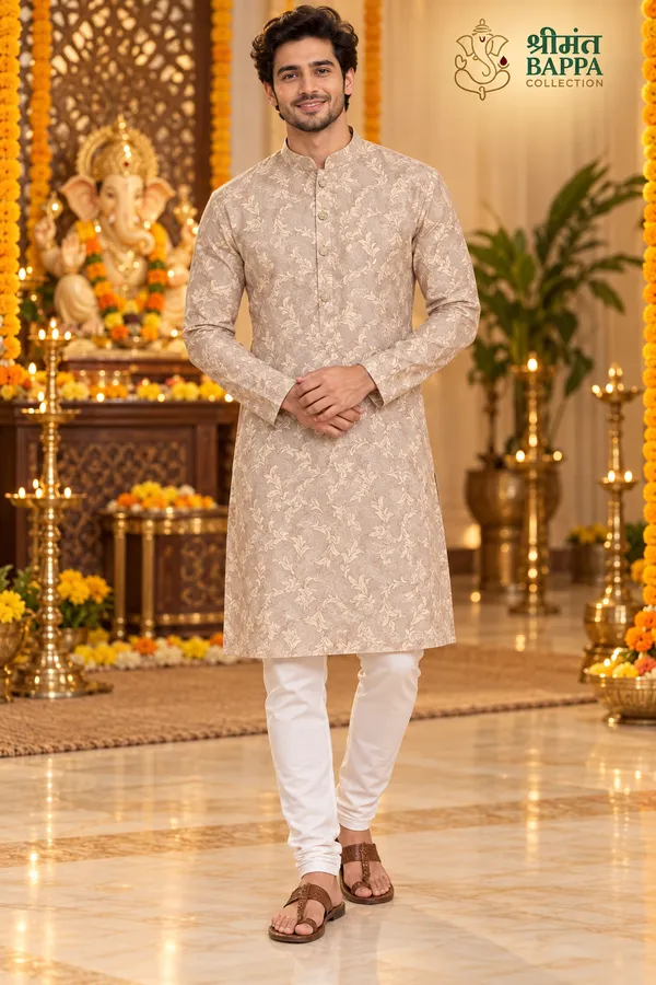 Men_S_Beige_Leaf_Printed_Only_Long_Sleeve_Kurta