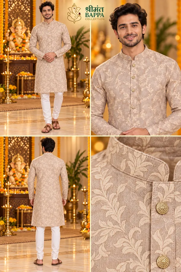 Men_S_Beige_Leaf_Printed_Only_Long_Sleeve_Kurta
