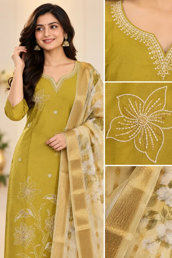 Mustard_Yellow_Embroidered_Kurta_Pant_Set_With_Floral_Dupatta_Mehendi_Olive