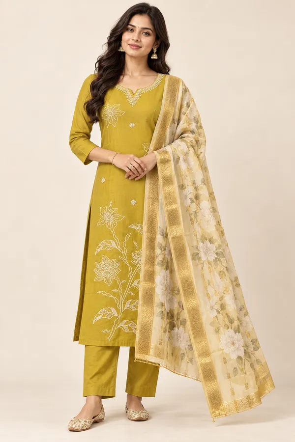 Mustard_Yellow_Embroidered_Kurta_Pant_Set_With_Floral_Dupatta_Mehendi_Olive