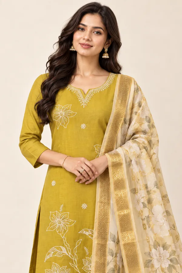Mustard_Yellow_Embroidered_Kurta_Pant_Set_With_Floral_Dupatta_Mehendi_Olive