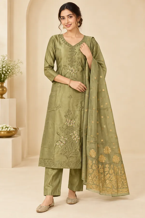 Olive_Green_Embroidered_Kurta_Pant_Set_With_Golden_Dupatta_Olive_Gray