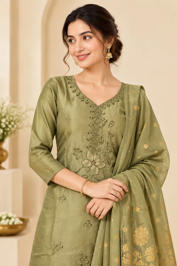 Olive_Green_Embroidered_Kurta_Pant_Set_With_Golden_Dupatta_Olive_Gray