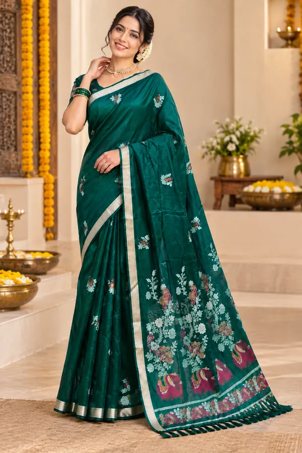Green_Floral_Silk_Saree_Dark_Forest_Green