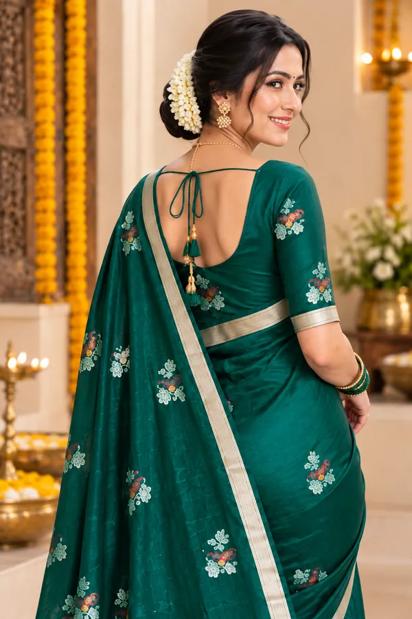 Green_Floral_Silk_Saree_Dark_Forest_Green