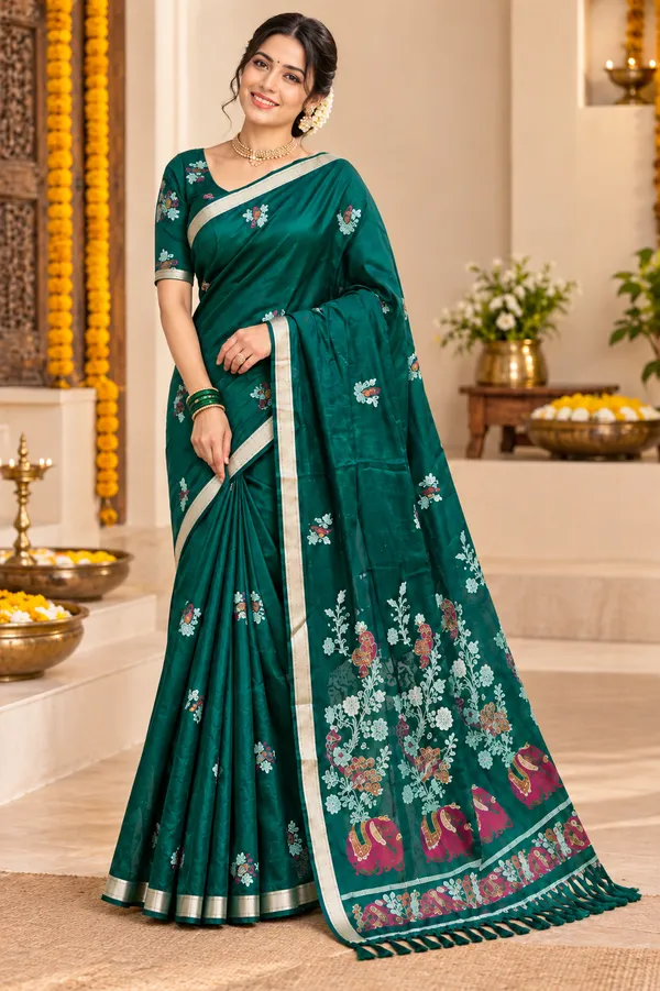Green_Floral_Silk_Saree_Dark_Forest_Green