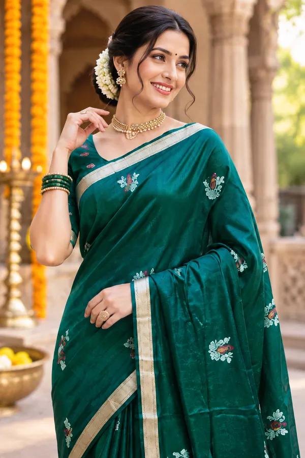 Green_Floral_Silk_Saree_Dark_Forest_Green