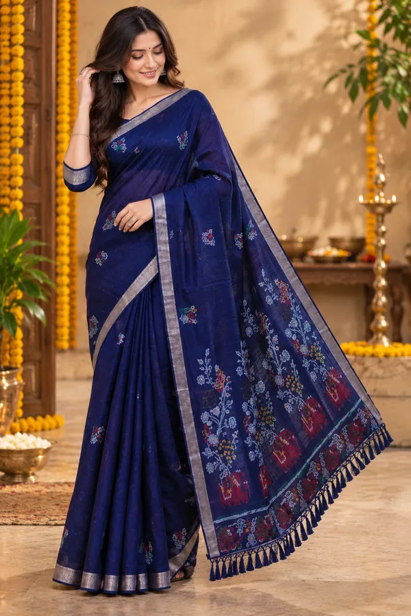 Midnight_Blue_Floral_Weave_Saree_Navy_Blue