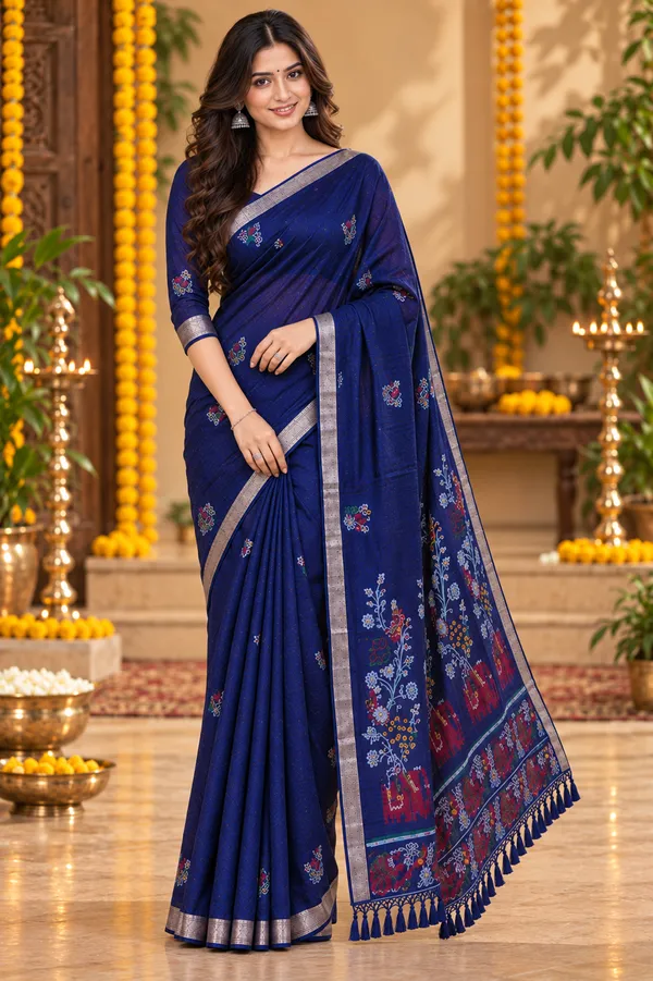 Midnight_Blue_Floral_Weave_Saree_Navy_Blue