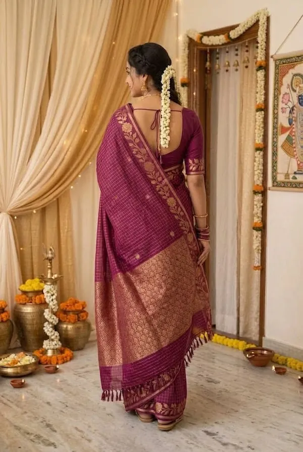 Wine_Checked_Silk_Saree_With_Traditional_Gold_Zari_Border_Wine_Pink