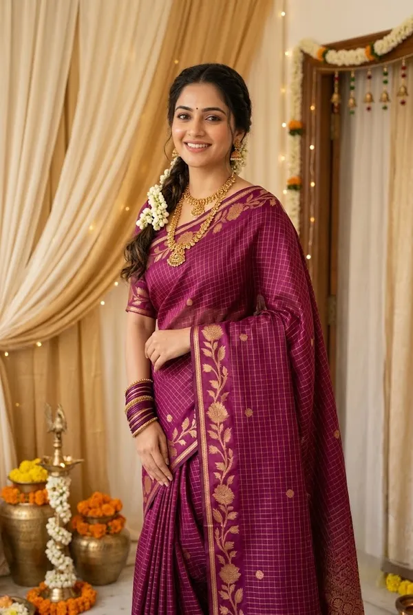 Wine_Checked_Silk_Saree_With_Traditional_Gold_Zari_Border_Wine_Pink