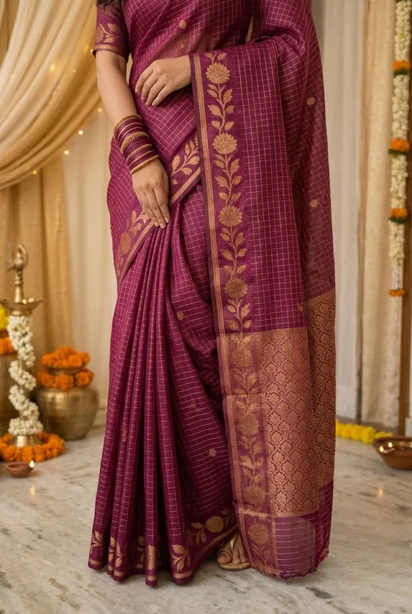 Wine_Checked_Silk_Saree_With_Traditional_Gold_Zari_Border_Wine_Pink