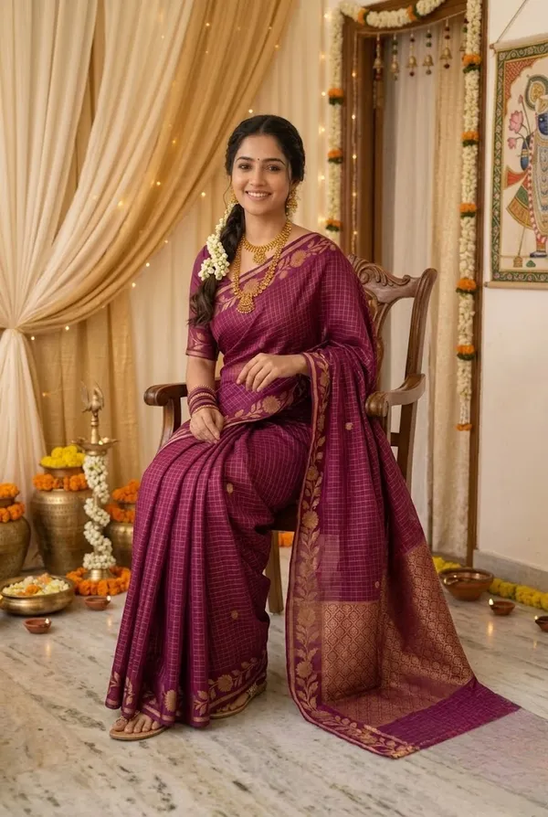 Wine_Checked_Silk_Saree_With_Traditional_Gold_Zari_Border_Wine_Pink