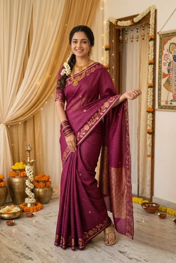 Wine_Checked_Silk_Saree_With_Traditional_Gold_Zari_Border_Wine_Pink