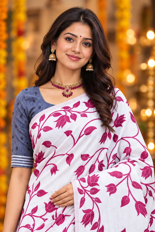 Title_Elegant_White_Magenta_Floral_Print_Saree_Magenta