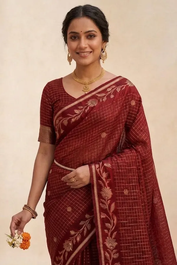 Deep_Checked_Silk_Saree_With_Floral_Zari_Border_Wine_Red
