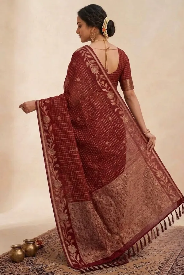 Deep_Checked_Silk_Saree_With_Floral_Zari_Border_Wine_Red
