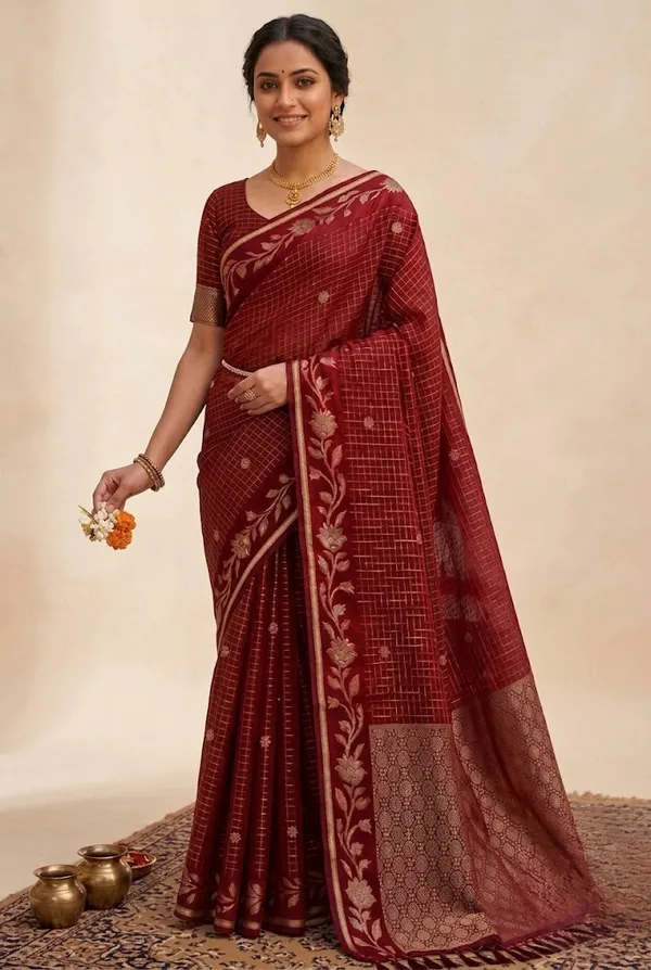 Deep_Checked_Silk_Saree_With_Floral_Zari_Border_Wine_Red