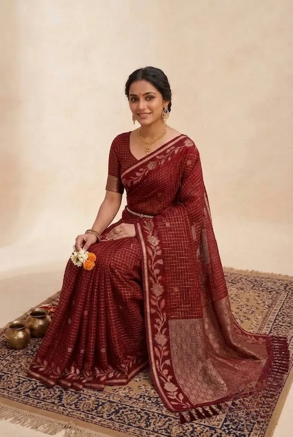 Deep_Checked_Silk_Saree_With_Floral_Zari_Border_Wine_Red