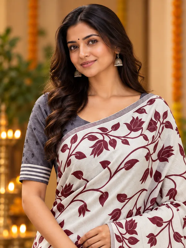 Title_Elegant_Ivory_Maroon_Floral_Print_Saree_Maroon