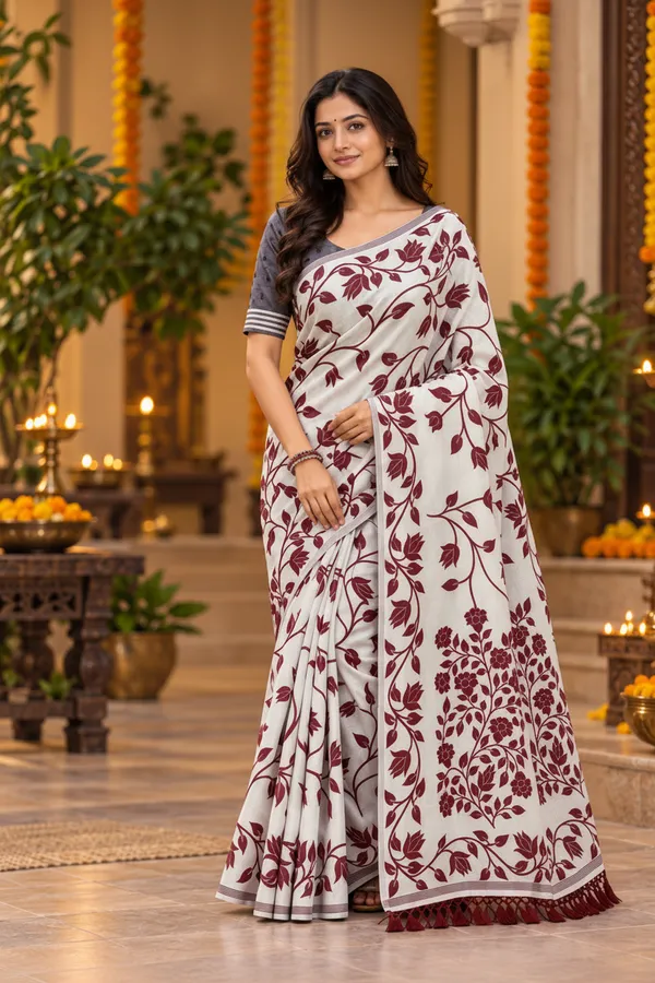 Title_Elegant_Ivory_Maroon_Floral_Print_Saree_Maroon